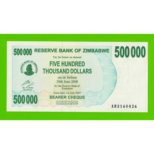Зимбабве - 500000 долларов - 2007 - UNC!!!