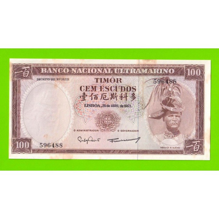 Тимор (колония Португалии) - 100 эскудо - 1963 - Пятна - aUNC!!!
