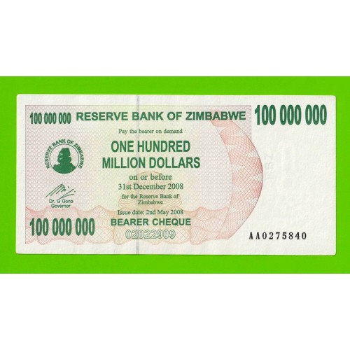 Зимбабве - 100000000 / 100 миллионов долларов - 2008 (AA)