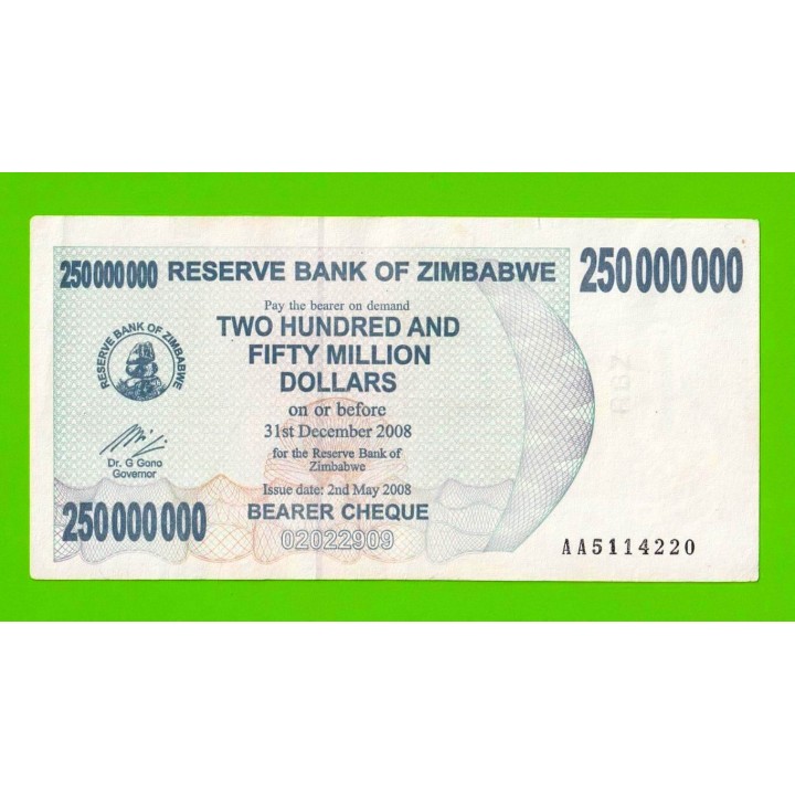 Зимбабве - 250000000 / 250 миллионов долларов - 2008 (AA)