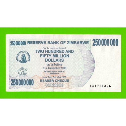 Зимбабве - 250000000 / 250 миллионов долларов - 2008 (AA)