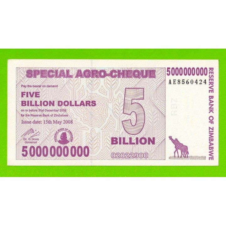 Зимбабве - 5000000000 / 5 миллиардов долларов - 2008 (AE) - aUNC!!!