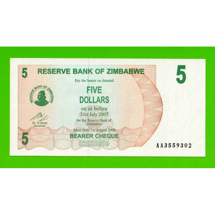 Зимбабве - 5 долларов - 2006 (AA) - aUNC+!!!