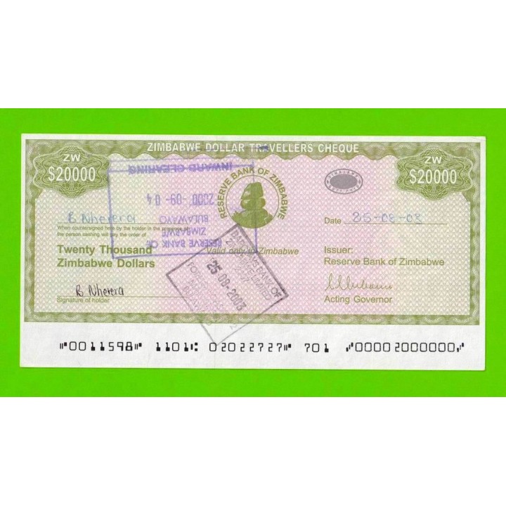 Зимбабве - 20000 долларов - Дорожный чек - 2003 - XF!!!