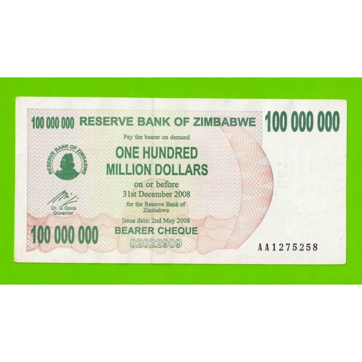 Зимбабве - 100000000 / 100 миллионов долларов - 2008 (AA)