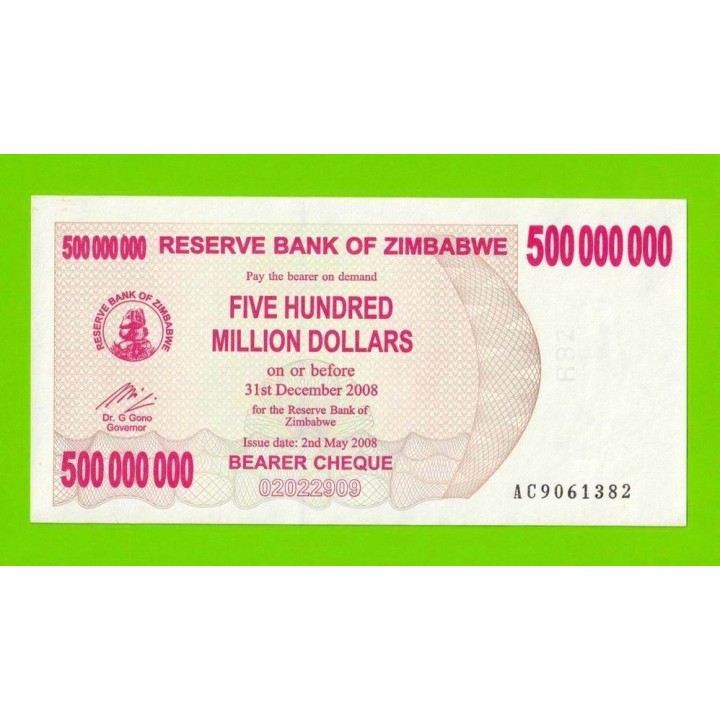 Зимбабве - 500000000 / 500 миллионов долларов - 2008 (AC) - UNC-!!!