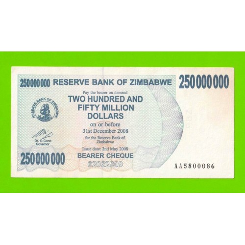 Зимбабве - 250000000 / 250 миллионов долларов - 2008 (AA)