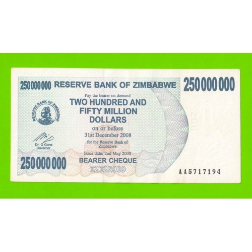 Зимбабве - 250000000 / 250 миллионов долларов - 2008 (AA)