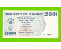 Зимбабве - 250000000 / 250 миллионов долларов - 2008 (AA)
