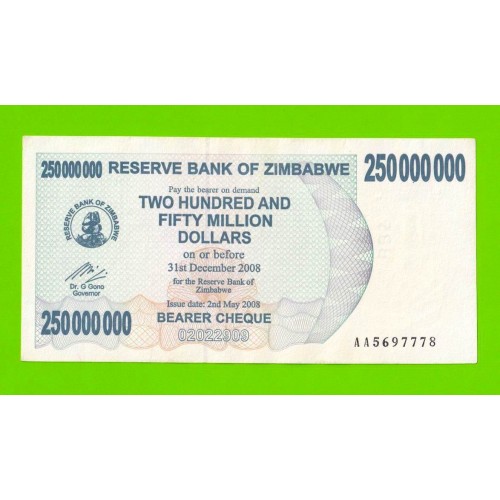 Зимбабве - 250000000 / 250 миллионов долларов - 2008 (AA)