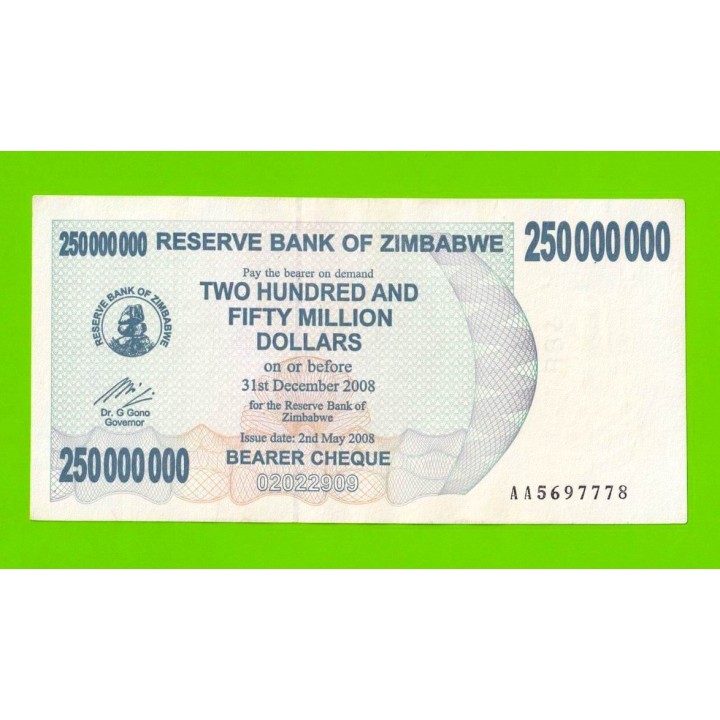 Зимбабве - 250000000 / 250 миллионов долларов - 2008 (AA)