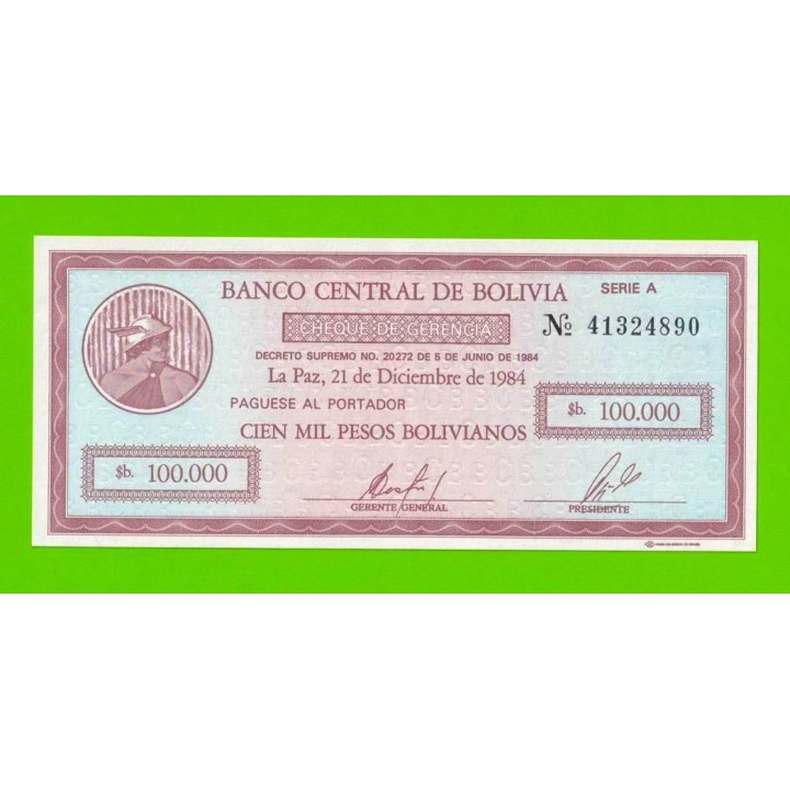 Боливия - 100000 боливиано - 1984 - UNC!!!