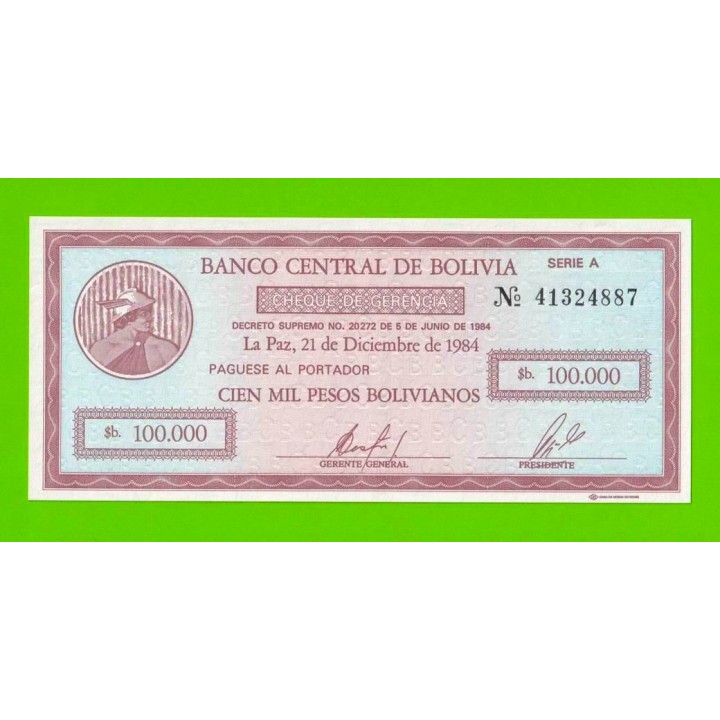 Боливия - 100000 боливиано - 1984 - UNC!!!