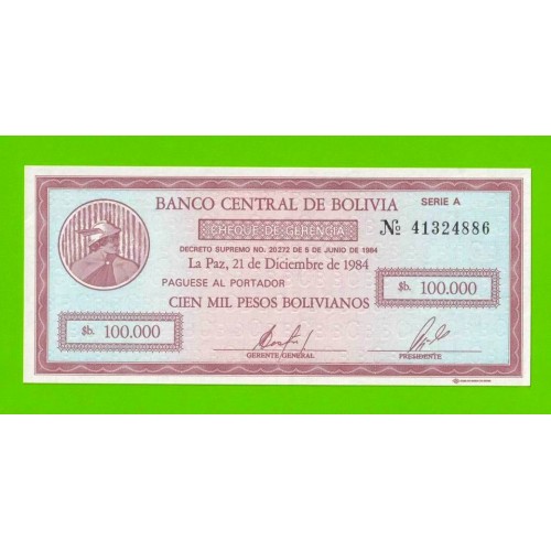 Боливия - 100000 боливиано - 1984 - UNC!!!