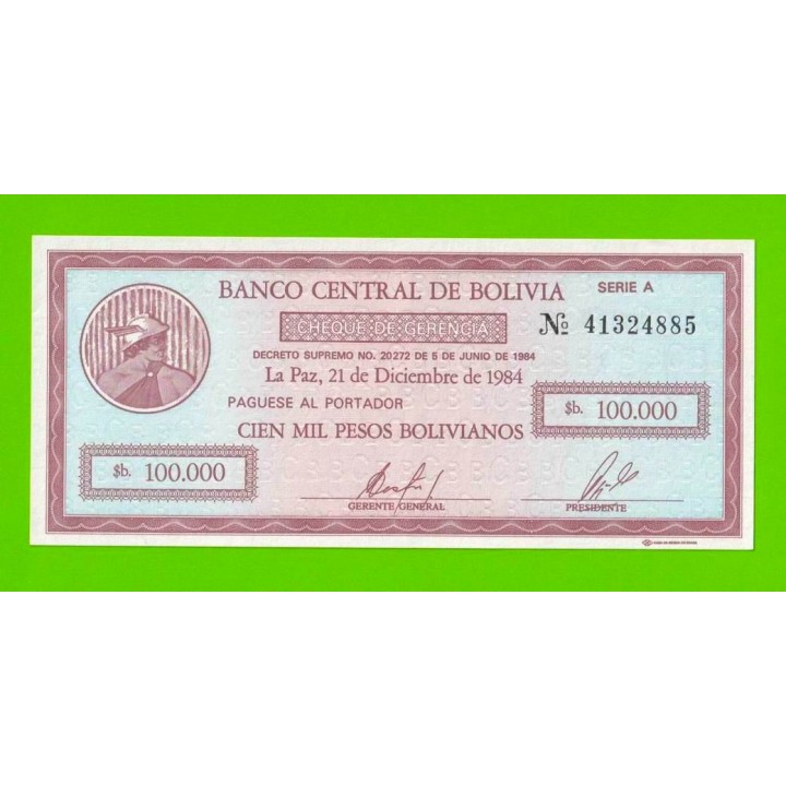 Боливия - 100000 боливиано - 1984 - UNC!!!