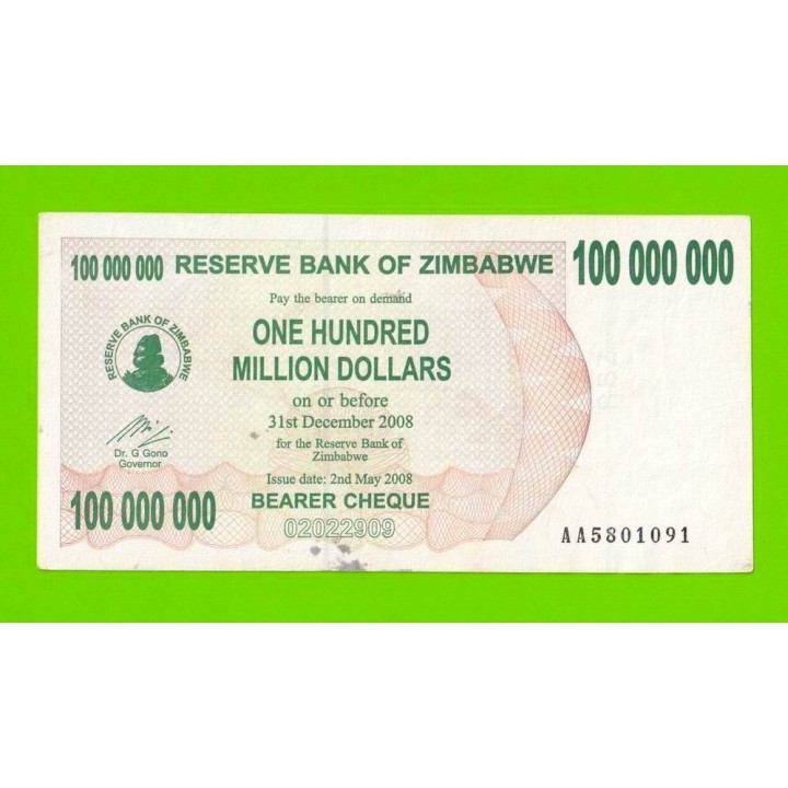 Зимбабве - 100000000 / 100 миллионов долларов - 2008 (AA)