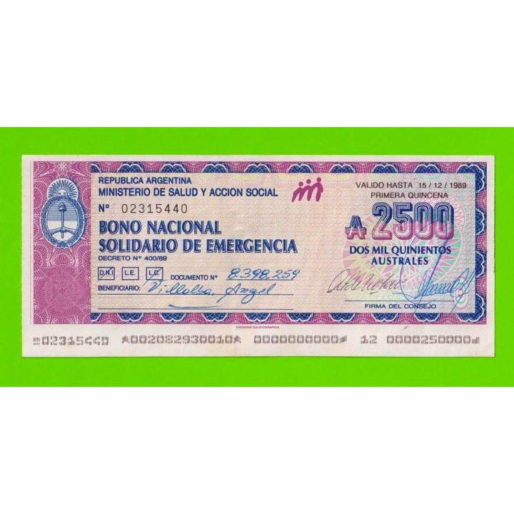 Аргентина - 2500 аустралей - 1989 - aUNC!!!