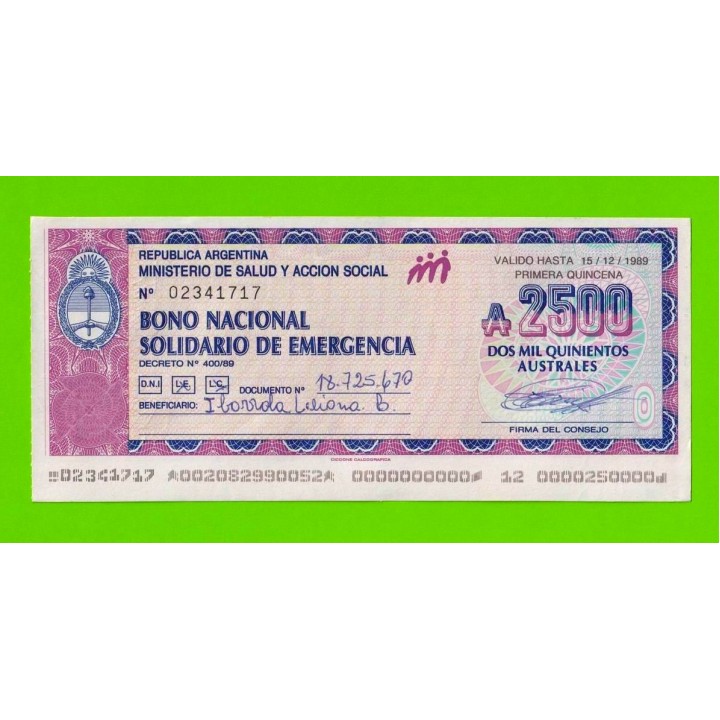 Аргентина - 2500 аустралей - 1989 - aUNC!!!