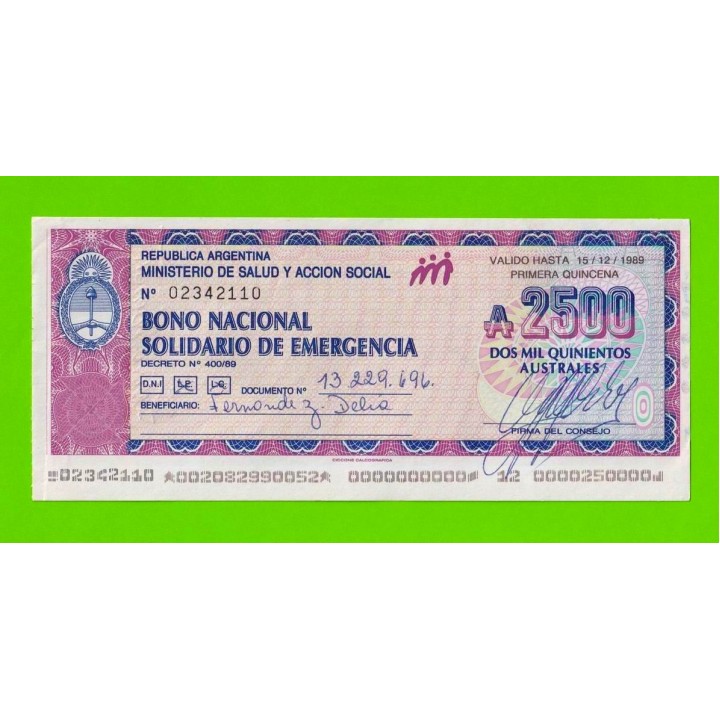 Аргентина - 2500 аустралей - 1989 - aUNC!!!
