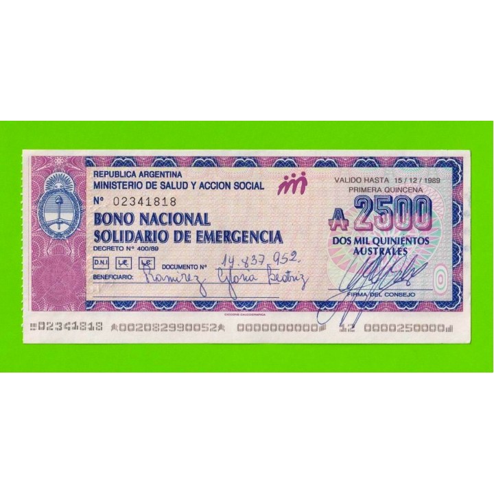Аргентина - 2500 аустралей - 1989 - aUNC!!!