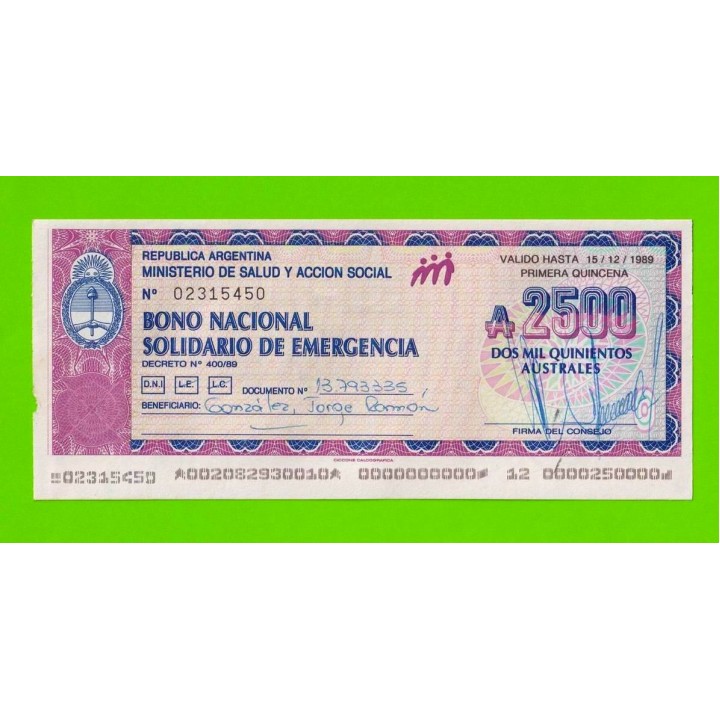 Аргентина - 2500 аустралей - 1989 - aUNC!!!