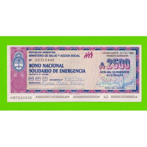 Аргентина - 2500 аустралей - 1989 - aUNC!!!