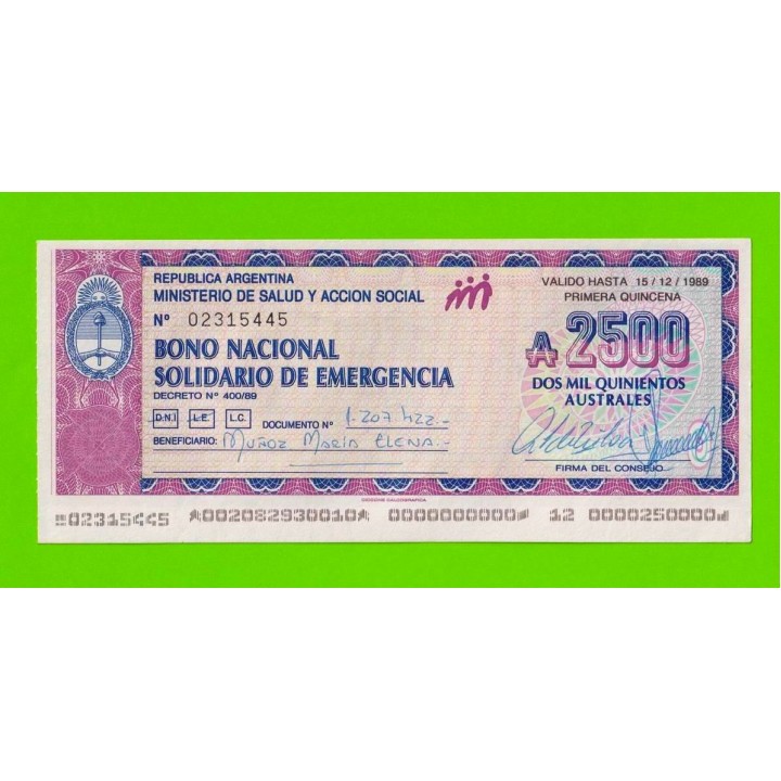Аргентина - 2500 аустралей - 1989 - aUNC!!!