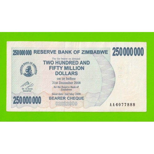 Зимбабве - 250000000 / 250 миллионов долларов - 2008 (AA)