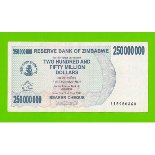Зимбабве - 250000000 / 250 миллионов долларов - 2008 (AA)