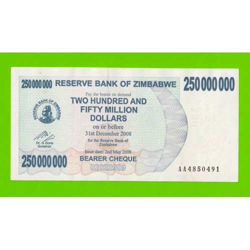 Зимбабве - 250000000 / 250 миллионов долларов - 2008 (AA)