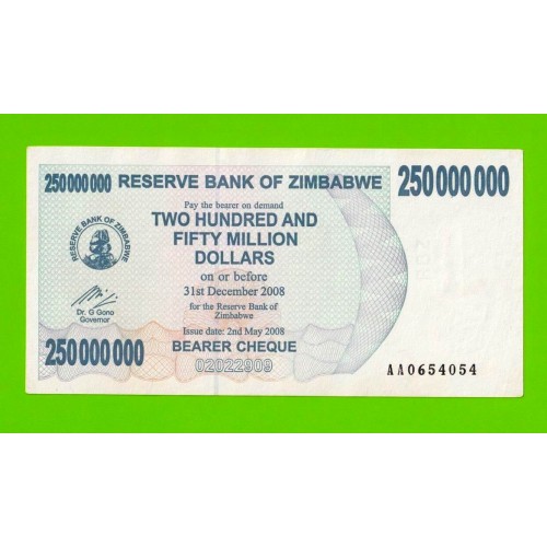 Зимбабве - 250000000 / 250 миллионов долларов - 2008 (AA)