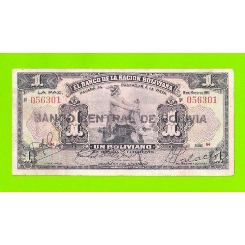Боливия - 1 боливиано - 1911 (1929) - надпечатка черная