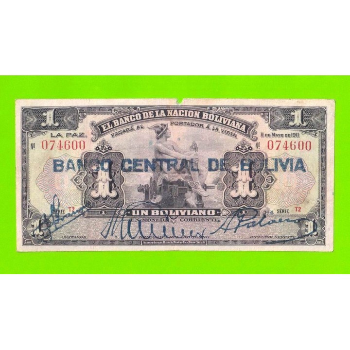 Боливия - 1 боливиано - 1911 (1929) - надпечатка синяя