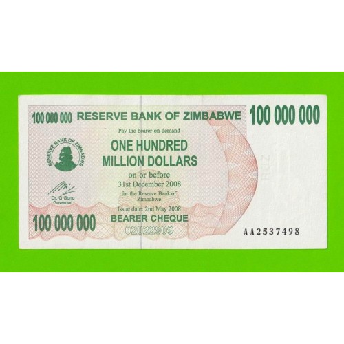 Зимбабве - 100000000 / 100 миллионов долларов - 2008 (AA)