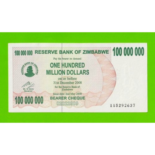 Зимбабве - 100000000 / 100 миллионов долларов - 2008 (AA)