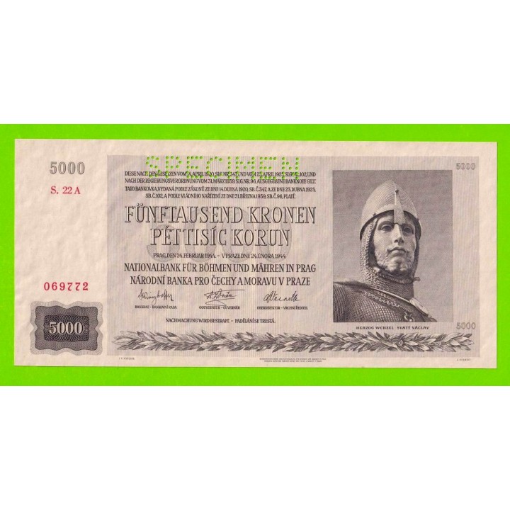 Богемия и Моравия - 5000 крон - 1944 - перфорация Specimen - aUNC+ / UNC-!!!