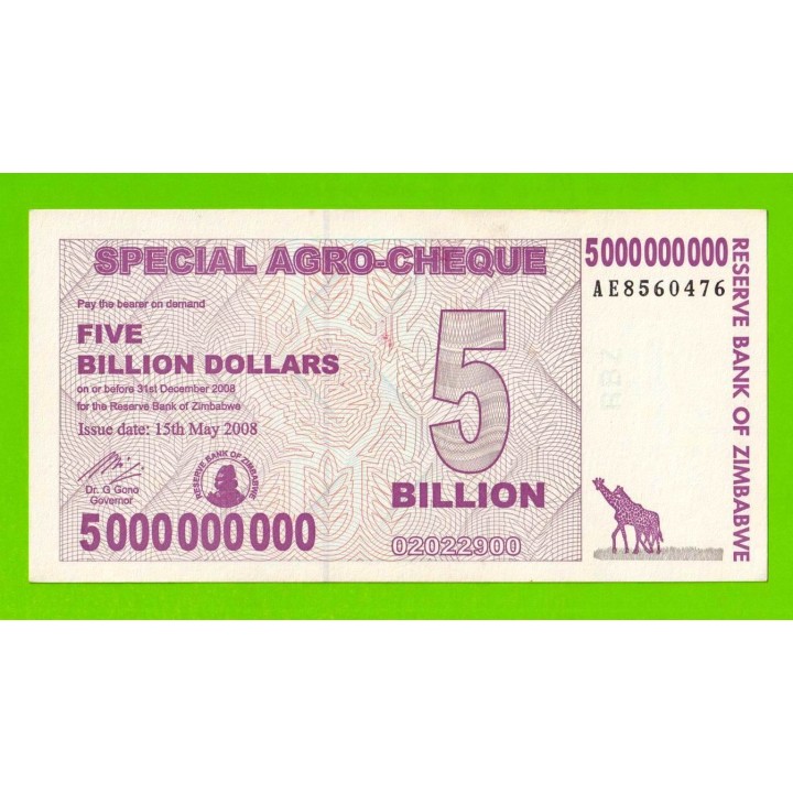 Зимбабве - 5000000000 / 5 миллиардов долларов - 2008 (AE) - aUNC!!!