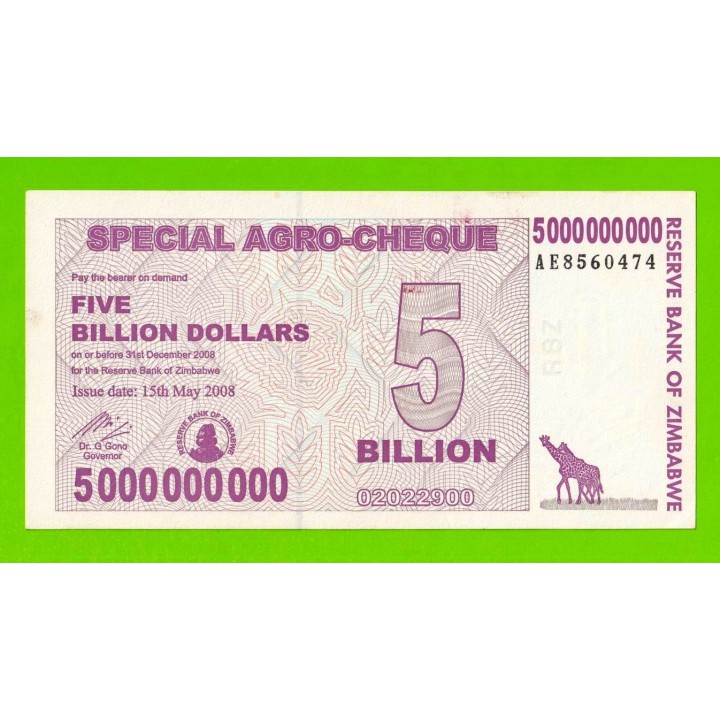 Зимбабве - 5000000000 / 5 миллиардов долларов - 2008 (AE) - aUNC!!!