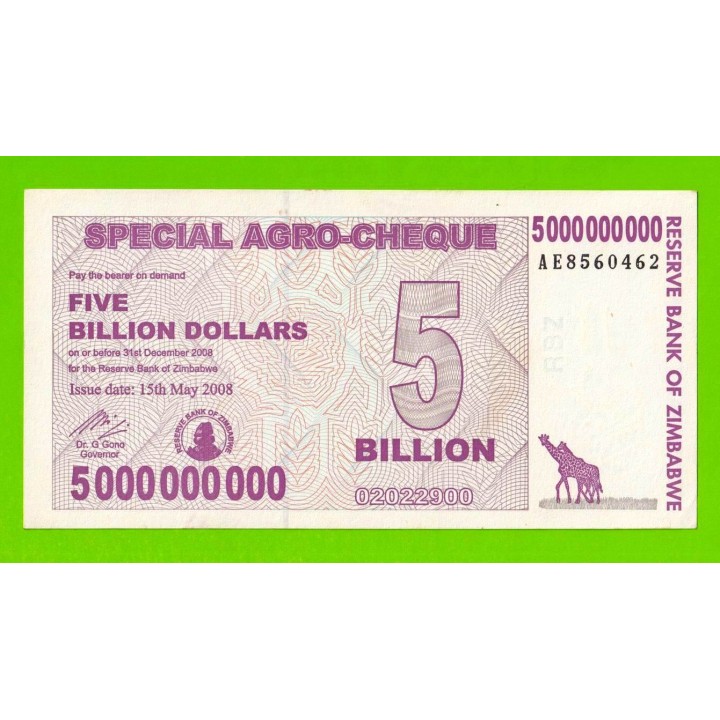 Зимбабве - 5000000000 / 5 миллиардов долларов - 2008 (AE) - aUNC!!!