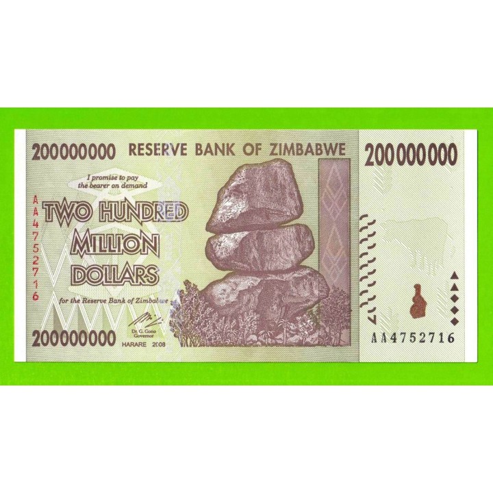 Зимбабве - 200000000 / 200 миллионов долларов - 2008 (AA) - UNC!!!