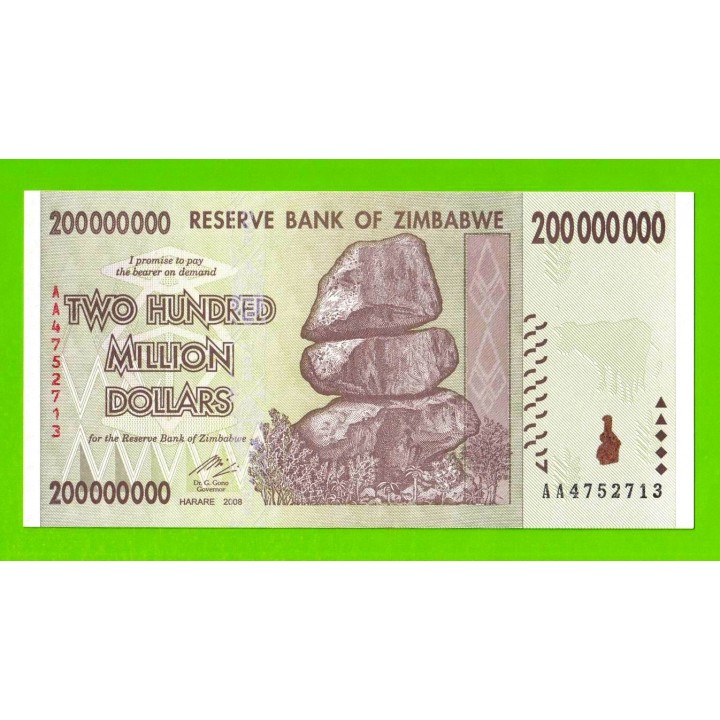 Зимбабве - 200000000 / 200 миллионов долларов - 2008 (AA) - UNC!!!