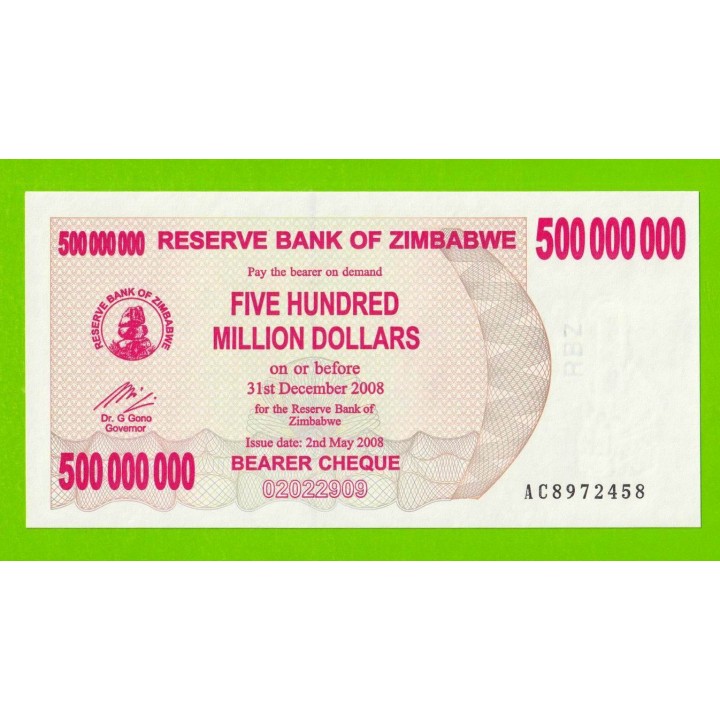 Зимбабве - 500000000 / 500 миллионов долларов - 2008 (AC) - UNC!!!