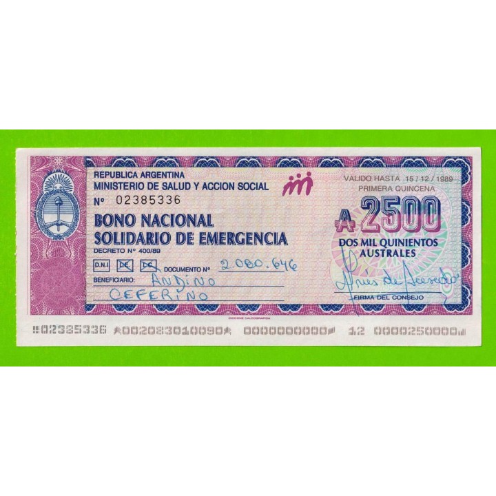 Аргентина - 2500 аустралей - 1989 - aUNC!!!