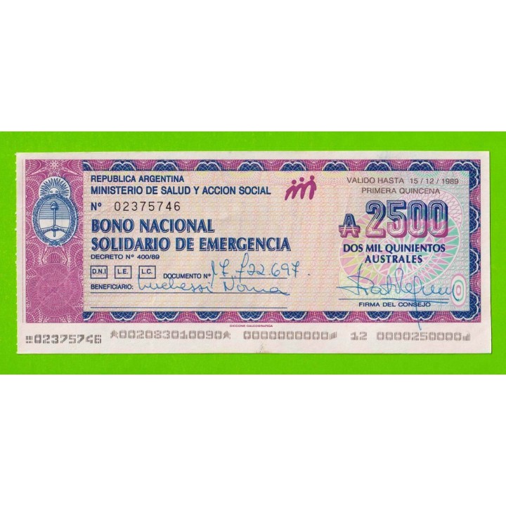 Аргентина - 2500 аустралей - 1989 - aUNC!!!