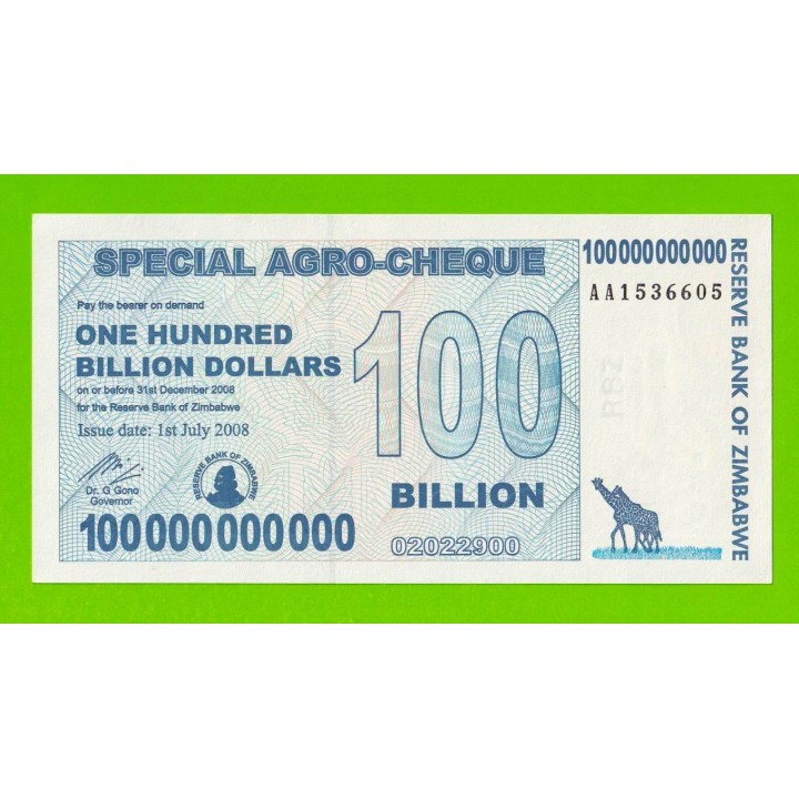 Зимбабве - 100000000000 / 100 миллиардов долларов - 2008 (AA) - UNC-!!!