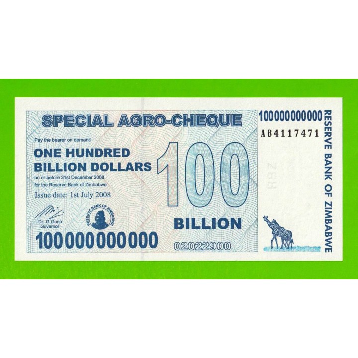 Зимбабве - 100000000000 / 100 миллиардов долларов - 2008 (AB) - UNC!!!