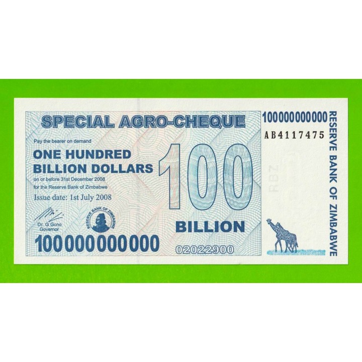 Зимбабве - 100000000000 / 100 миллиардов долларов - 2008 (AB) - UNC!!!