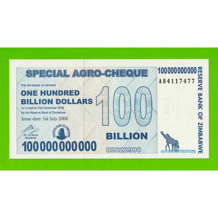 Зимбабве - 100000000000 / 100 миллиардов долларов - 2008 (AB) - UNC!!!
