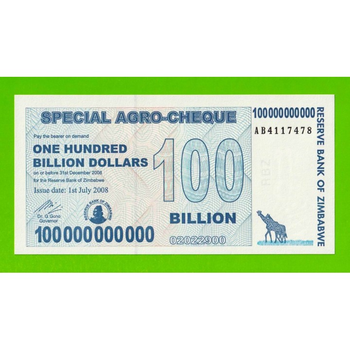 Зимбабве - 100000000000 / 100 миллиардов долларов - 2008 (AB) - UNC!!!