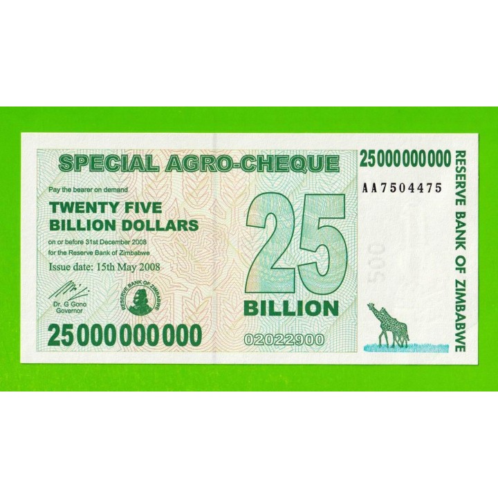 Зимбабве - 25000000000 / 25 миллиардов долларов - 2008 (AA) - UNC!!!